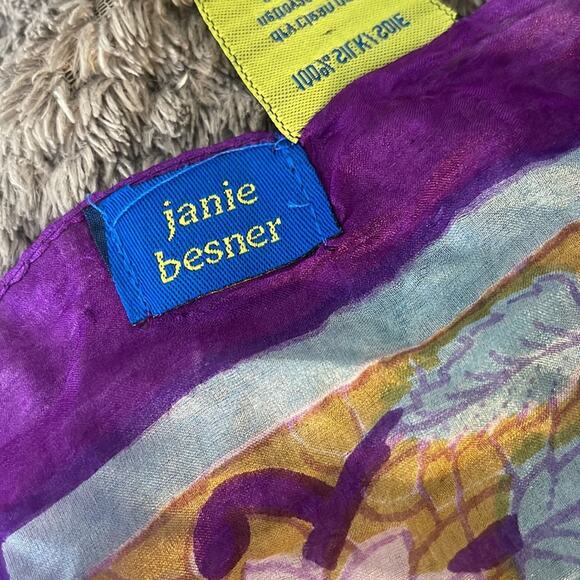 JANIE BESNER 100% Silk Purple and Blue Floral Print Square Scarf - Picture 4 of 6